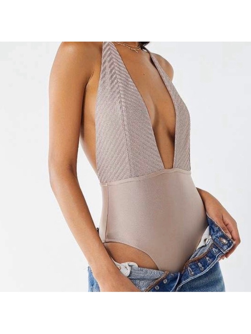 Urban Outfitters Taupe Plunge Halter Bodysuit